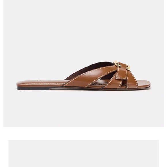 Zara NWT cognac brown leather flat sandals with gold buckle - Picture 3 of 5